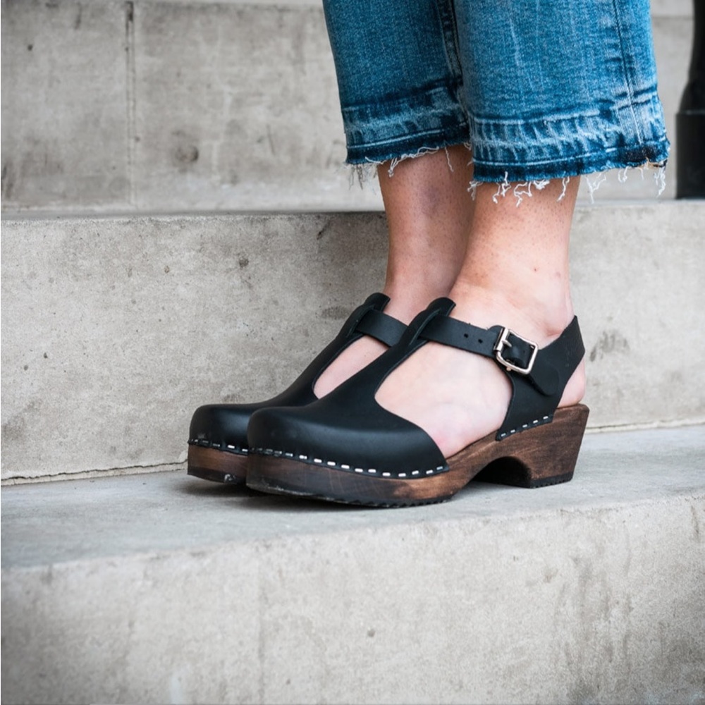 Lotta from Stockholm Swedish Clogs Sweden Low Wood TBar Black Leather